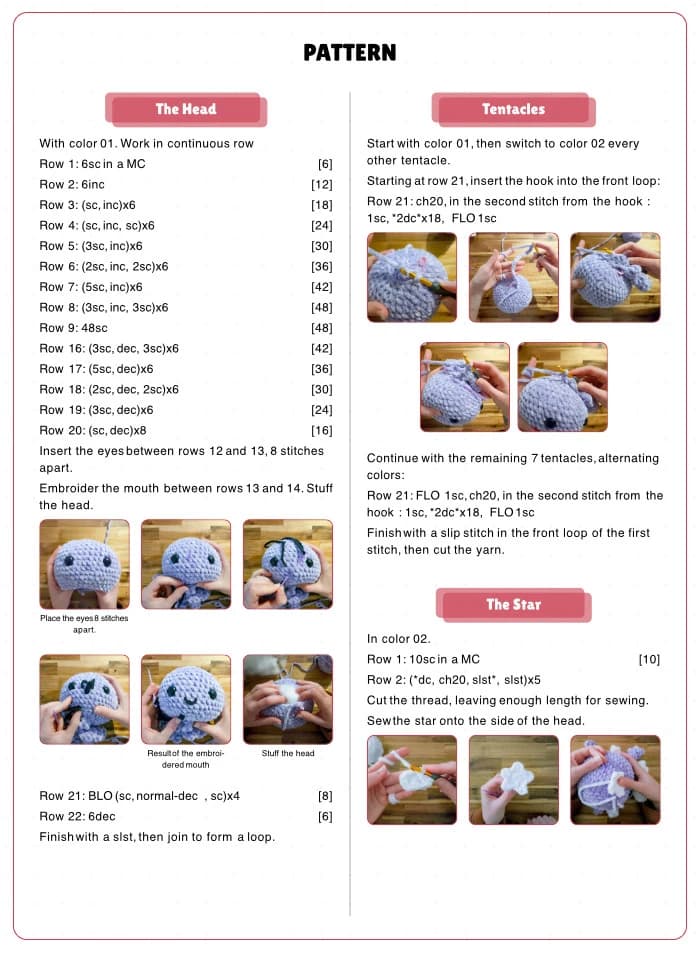 Crochet pattern PDF using the Signature template with colored section headers and two-column layout